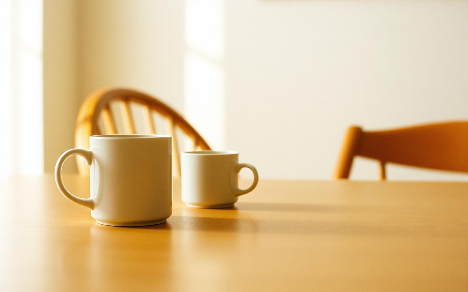 A parent sitting quietly with a laptop and a cup of tea, reading, with a thoughtful expression
