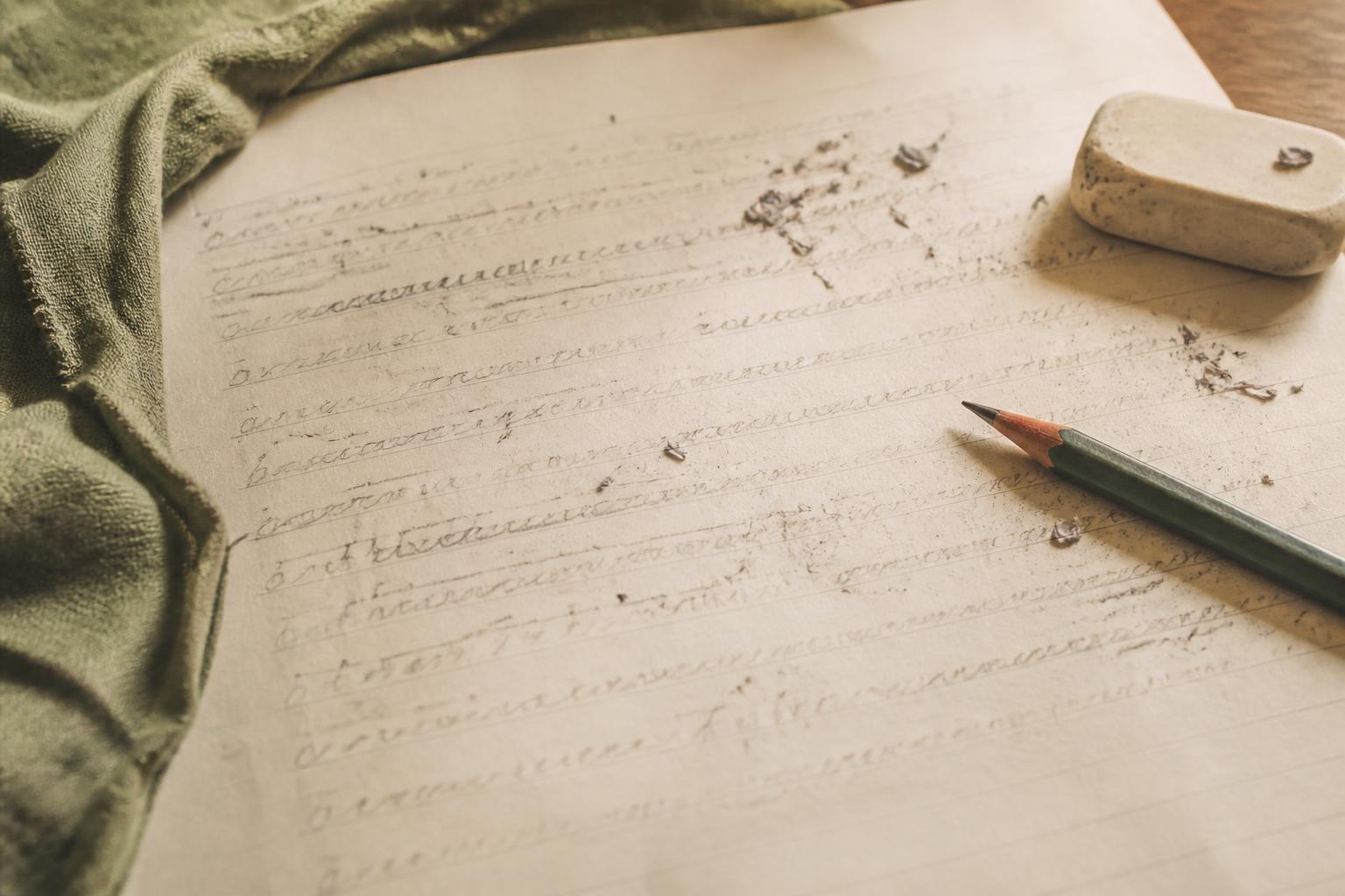 An exercise book with a torn-out page and neatly rewritten handwriting