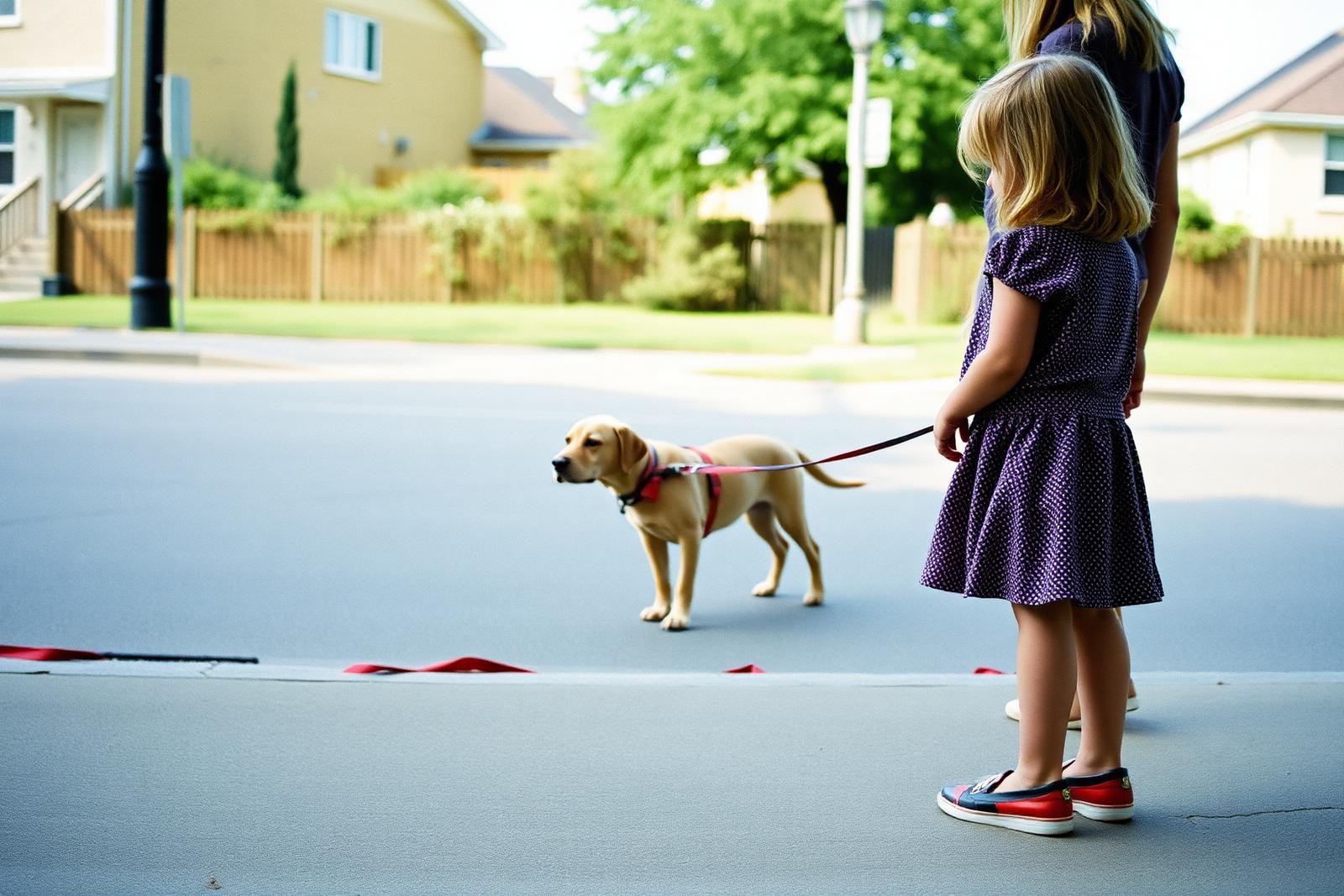 A nine-year-old girl standing at a park gate, watching a dog from a careful distance with her father beside her