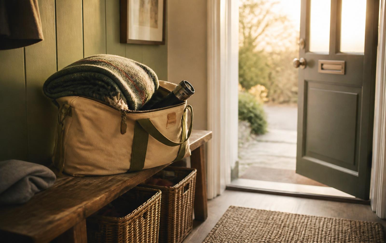 A packed child's overnight bag with a blanket and torch on a hallway bench by an open front door