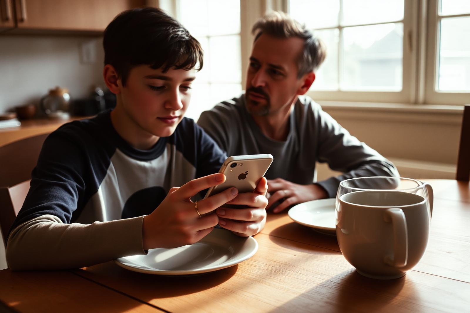 A parent and an eleven-year-old sitting together at a kitchen table setting up a new smartphone, box open, morning light