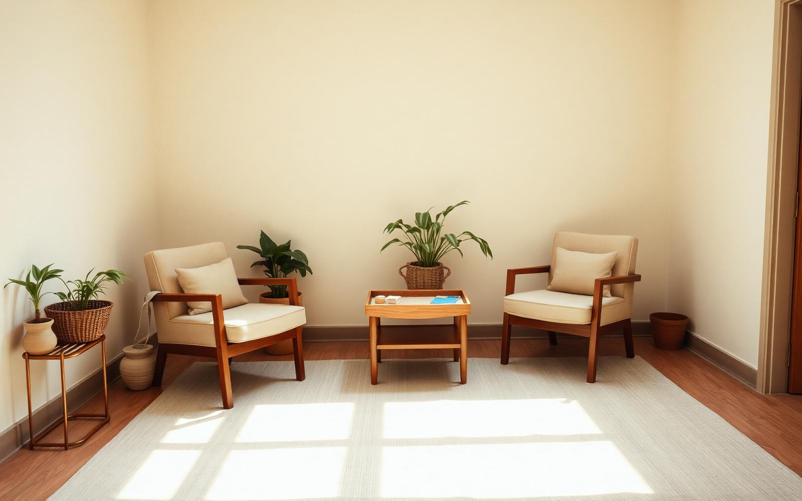 A calm therapy room for young people with two soft chairs, a low table with art materials, plants and warm daylight