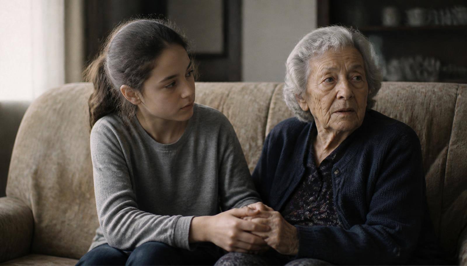 A twelve-year-old girl sitting close to her elderly grandmother on a sofa, holding her hand in soft afternoon light