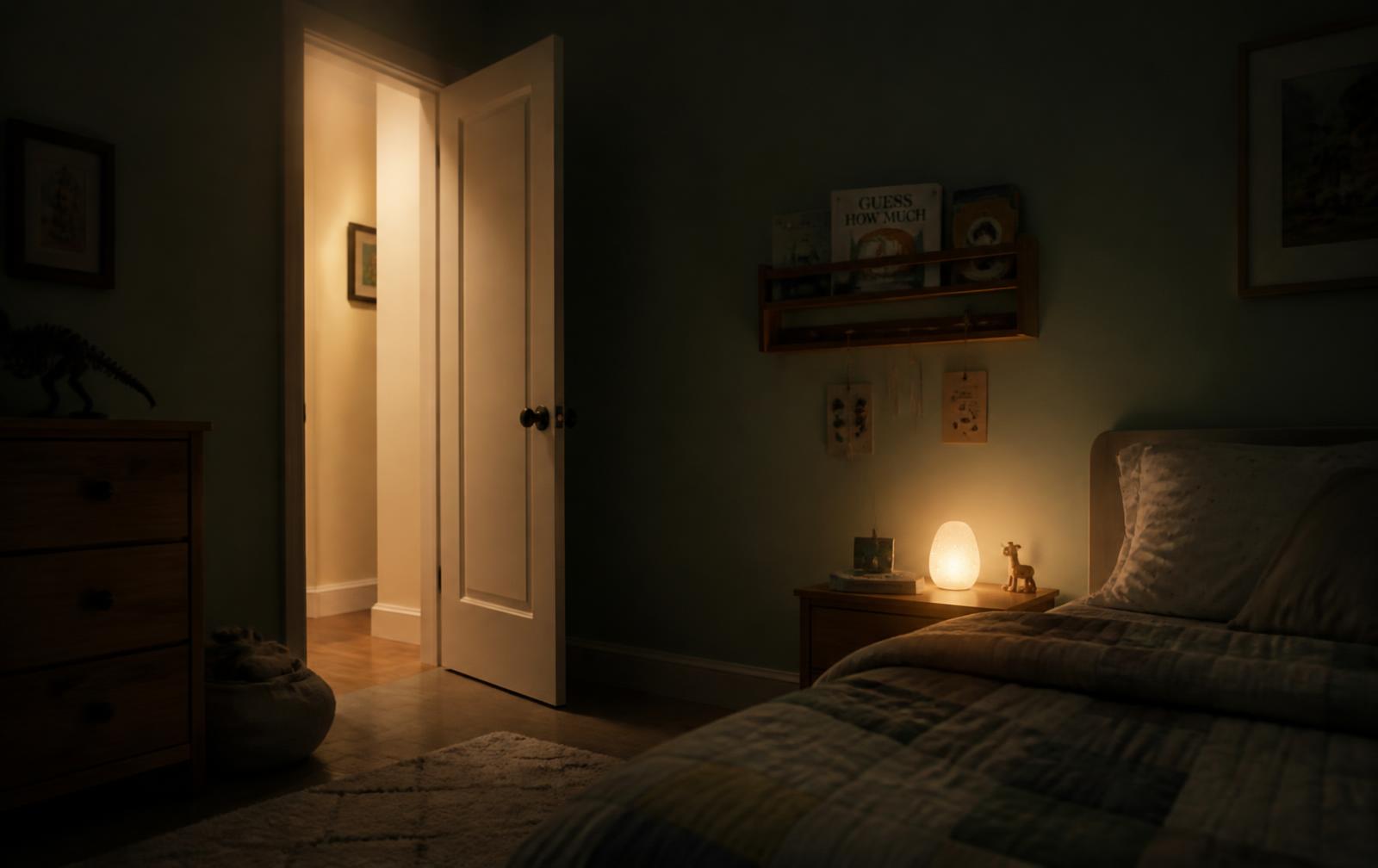 A small warm nightlight glowing beside a child's bed with the bedroom door left ajar