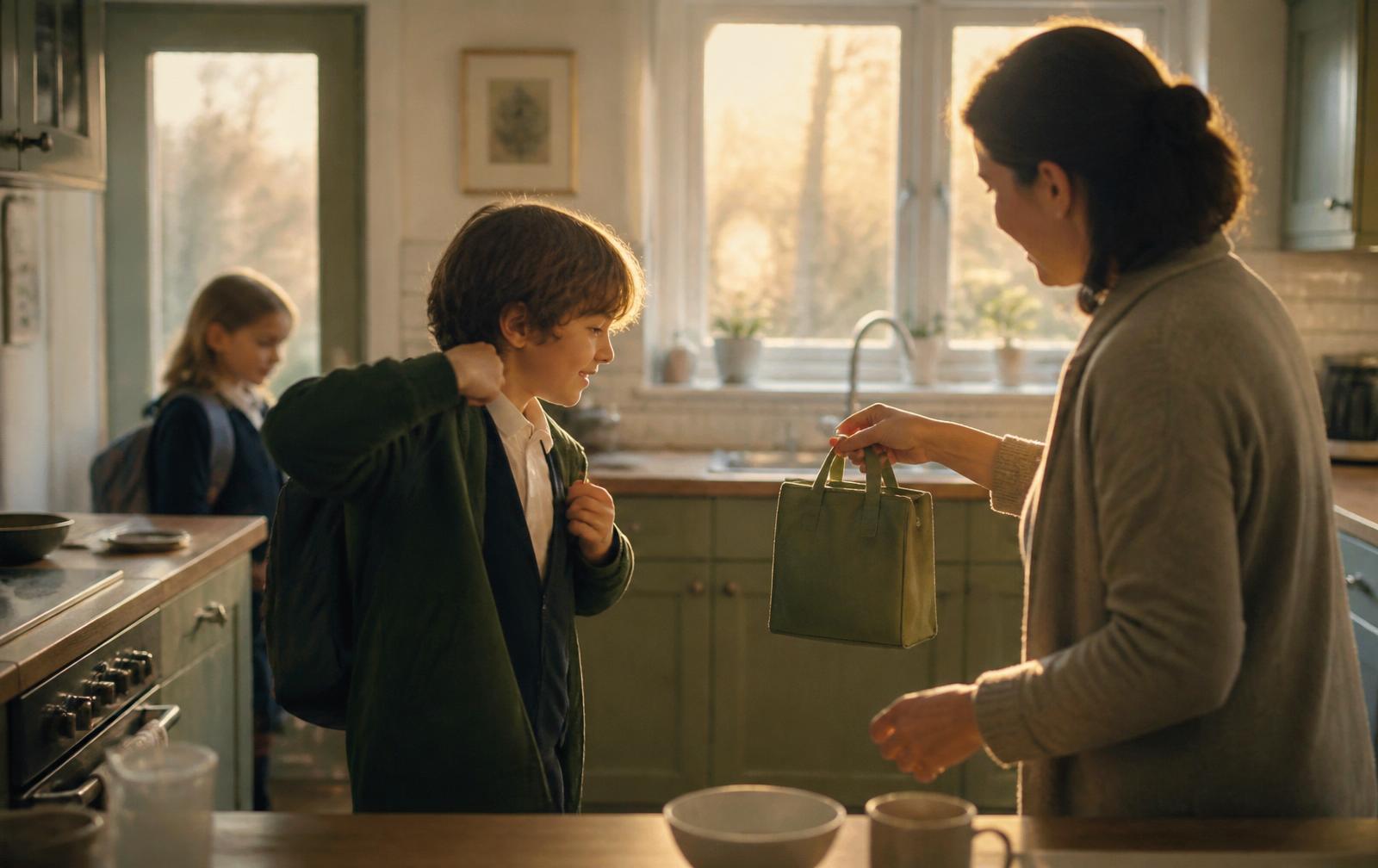 A linen school bag, one shoe and a half-finished glass of milk on a pale wooden floor in early morning light