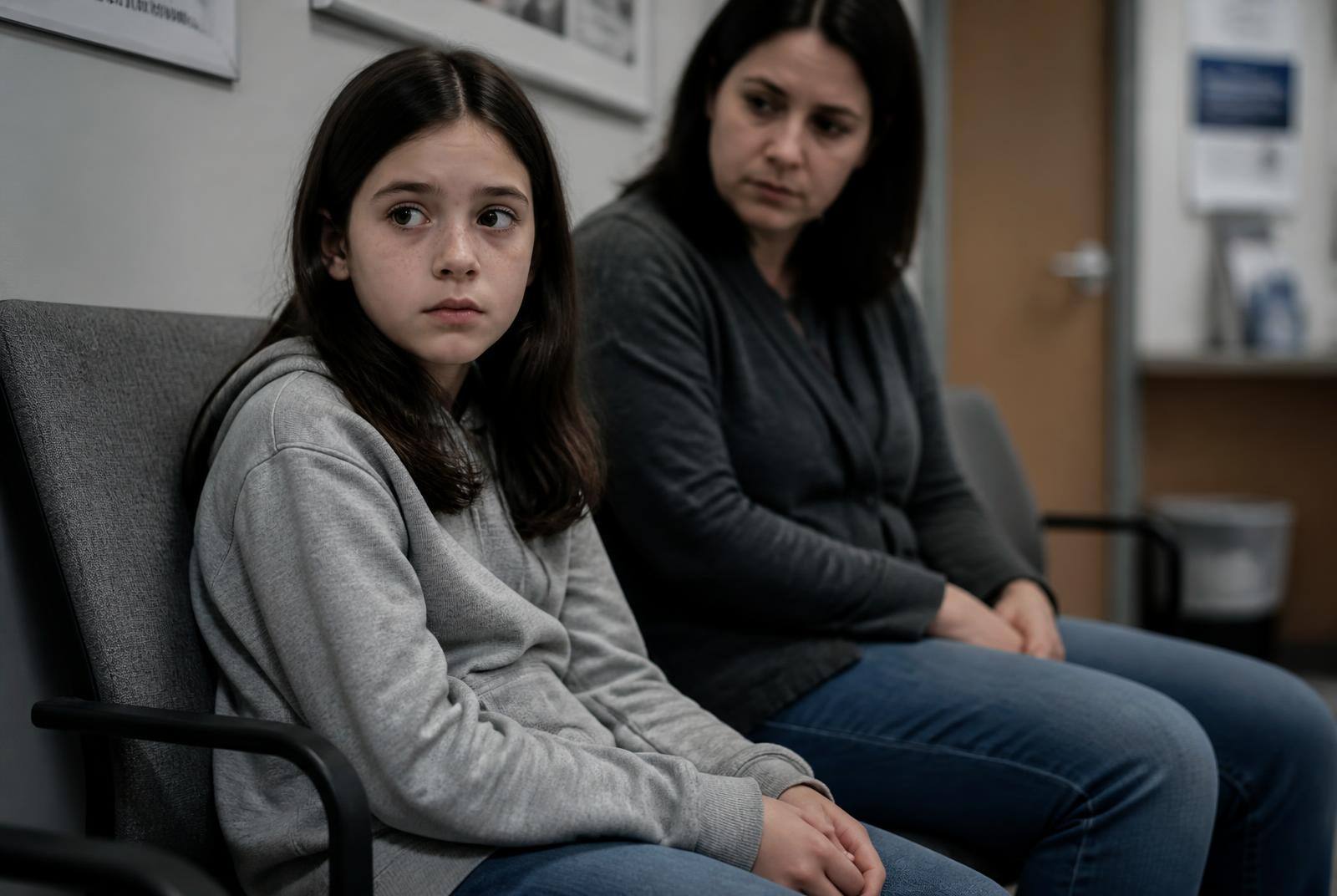A twelve-year-old sitting beside a parent in a quiet clinic waiting room, hands in their lap