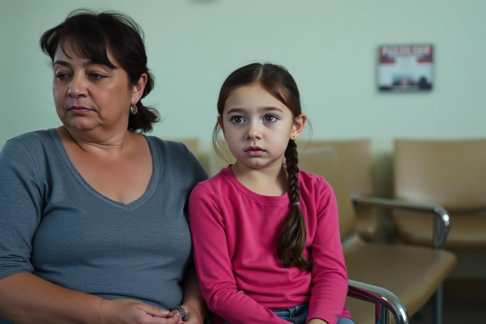 A nine-year-old boy sitting beside a parent in a bright clinic waiting room, holding their hand, calm natural light
