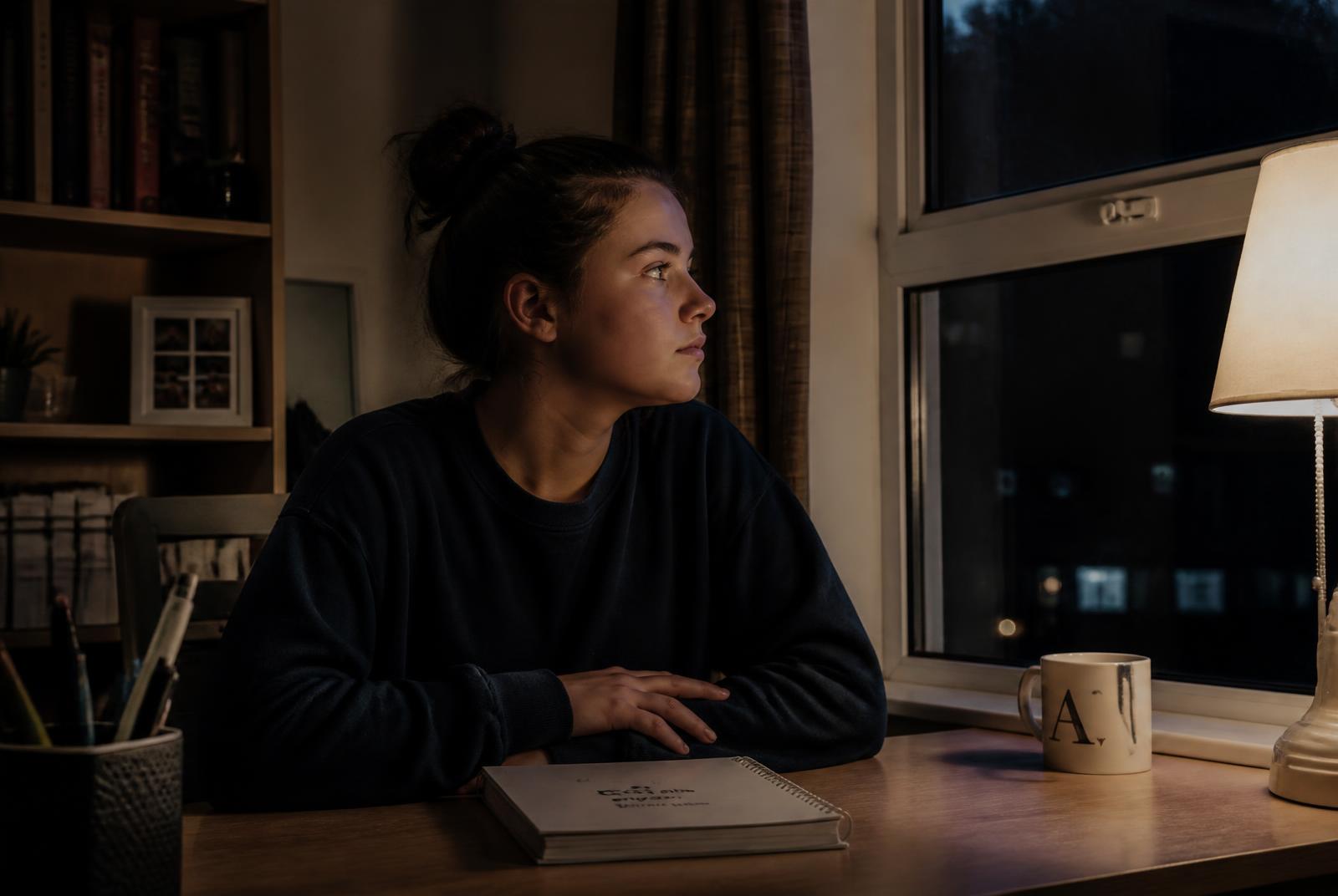 A thirteen-year-old girl sitting at a tidy desk in soft lamplight, revision notes closed in front of her, looking out of a dark window