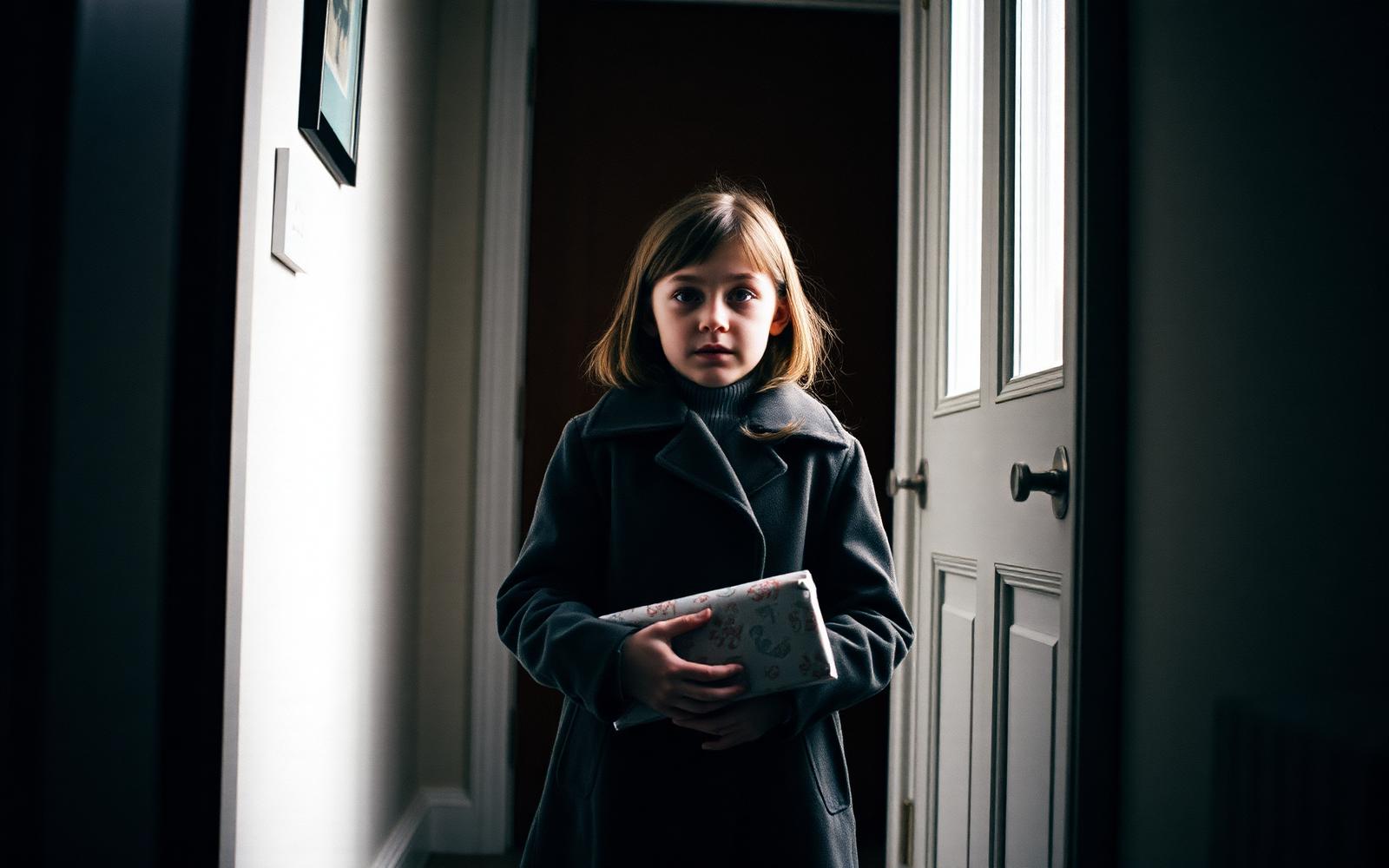A nine-year-old girl in a coat standing in a hallway holding a wrapped birthday present, hesitant expression, soft window light