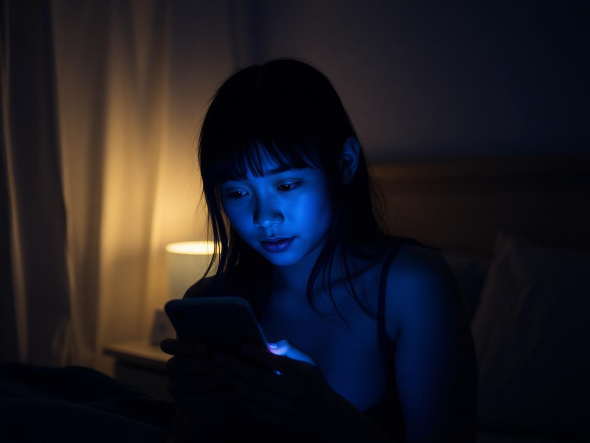 A phone face-down on a linen bedside table beside a folded book and a glass of water in lamplight