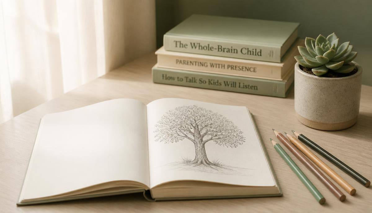An open sketchbook with a pencil drawing of a tree on a clean wooden desk, coloured pencils and a small succulent nearby