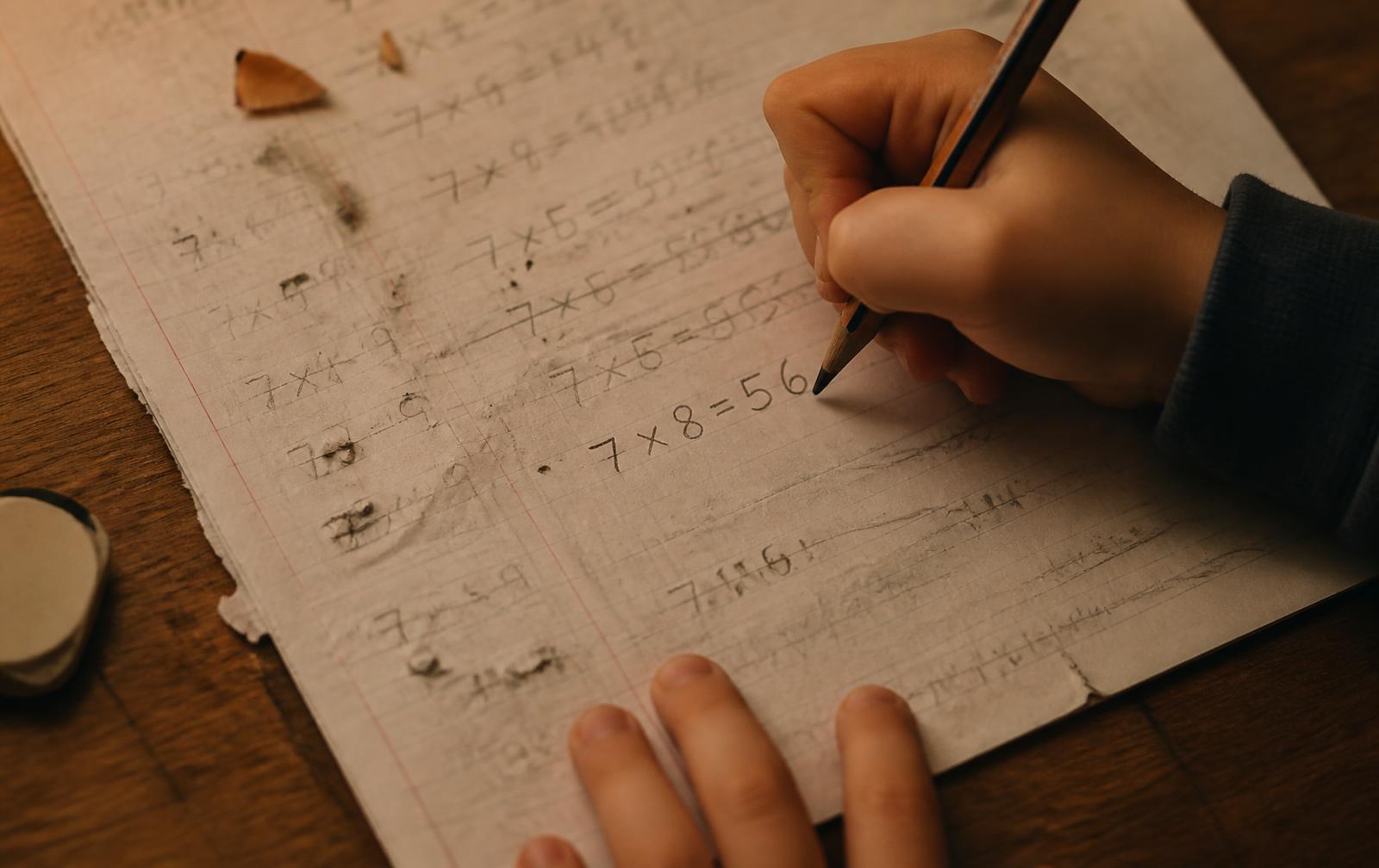 A child's hand writing on a homework page worn thin and torn from repeated erasing, eraser crumbs on a wooden table