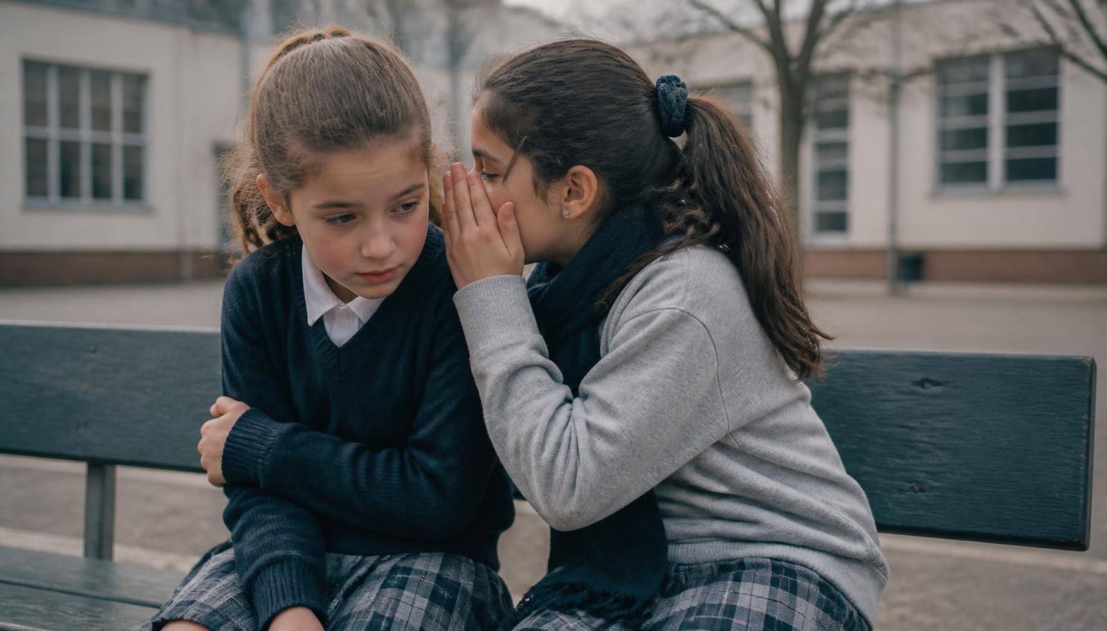 A nine-year-old child talking quietly with a parent on a staircase in soft natural light