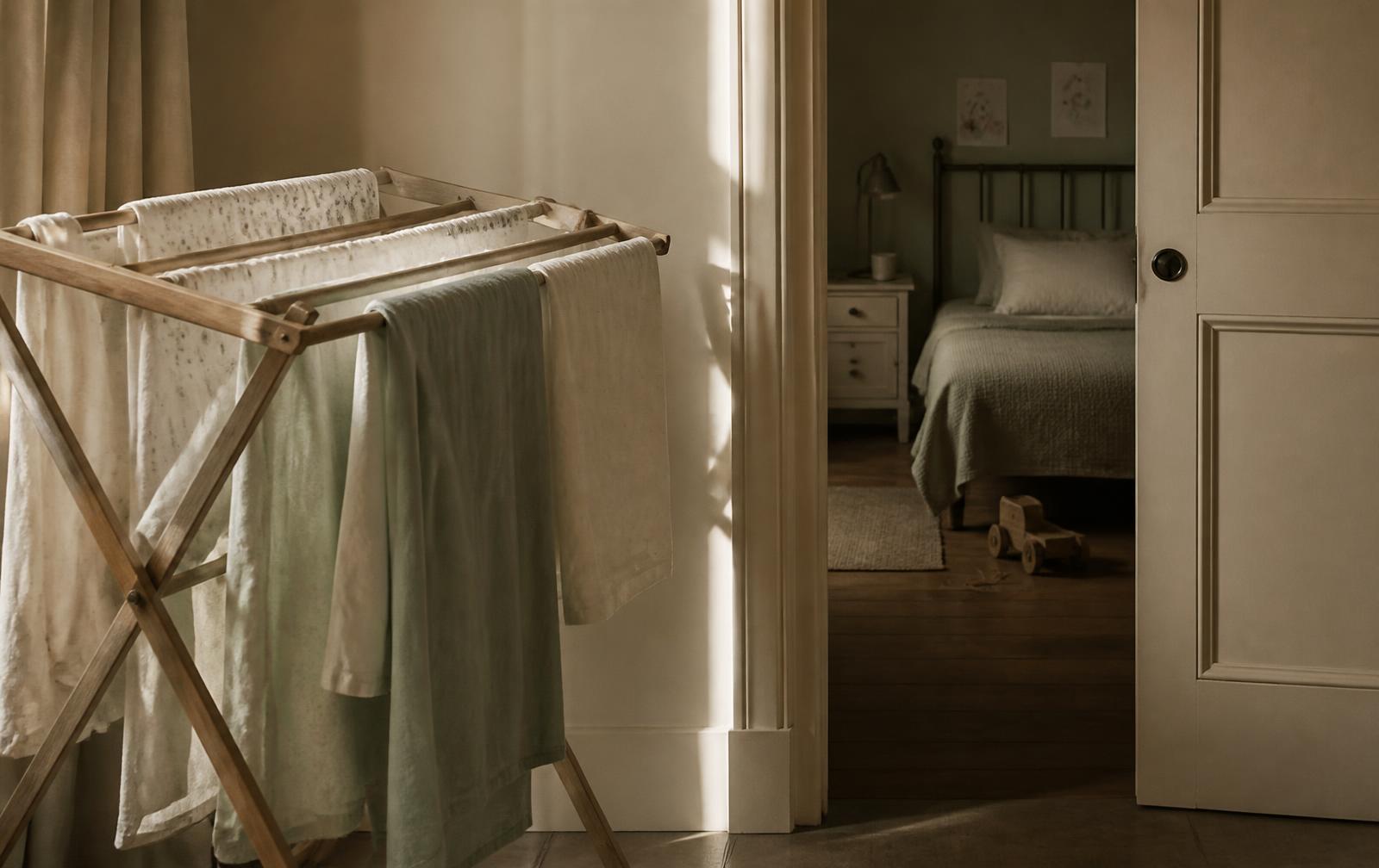 Freshly washed pale bed linen drying on a wooden airer in soft morning light beside a child's bedroom