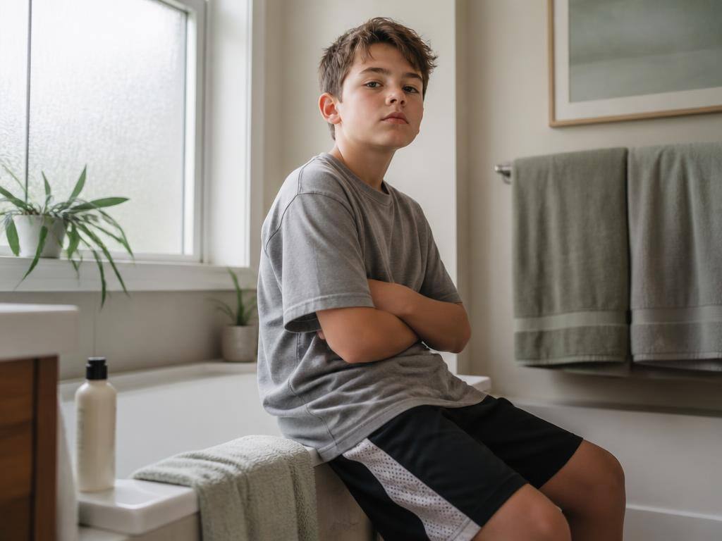 An eleven-year-old boy sitting on the edge of a bathtub in loose sports clothes, arms crossed but relaxed, natural daylight through a frosted window