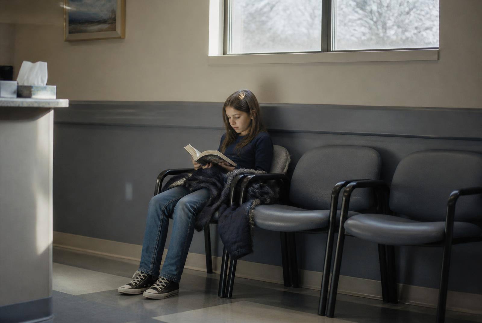A school-aged girl sitting alone reading in a quiet clinic waiting room