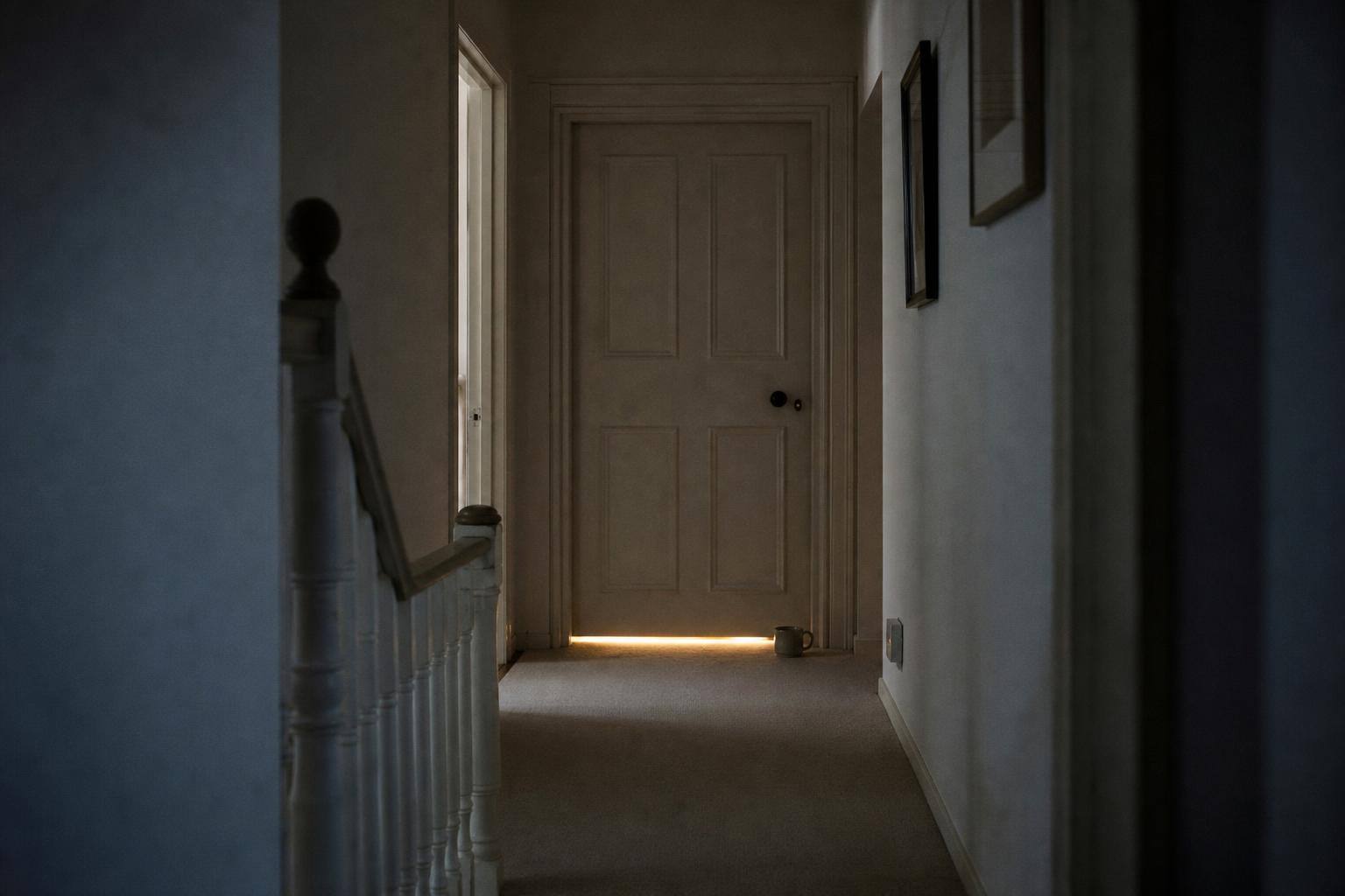 A closed bedroom door at the end of a quiet upstairs hallway with warm lamplight showing underneath
