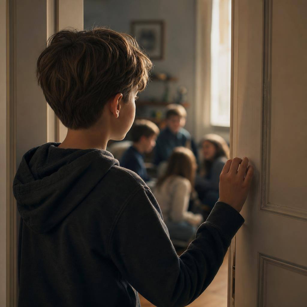 Editorial photograph: a child stands at a doorway, hand resting on the frame, watching friends gather in the next room with quiet hope.