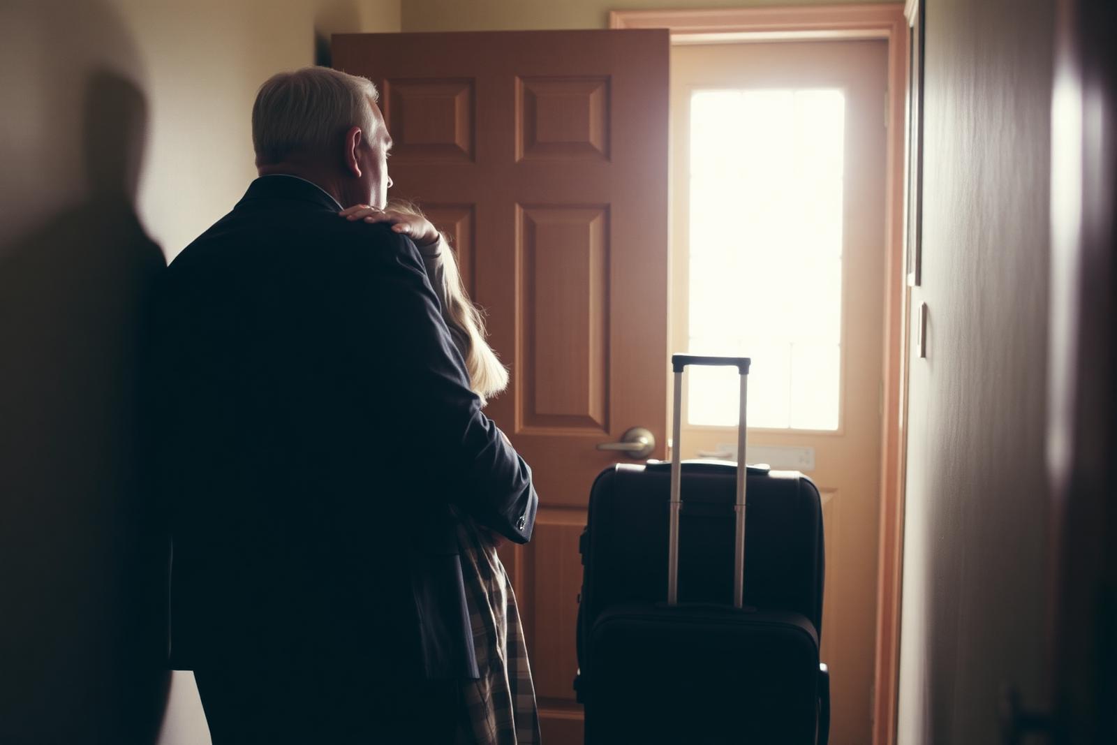 A father crouching to hug his eight-year-old daughter in a hallway beside a packed suitcase, morning light through the door