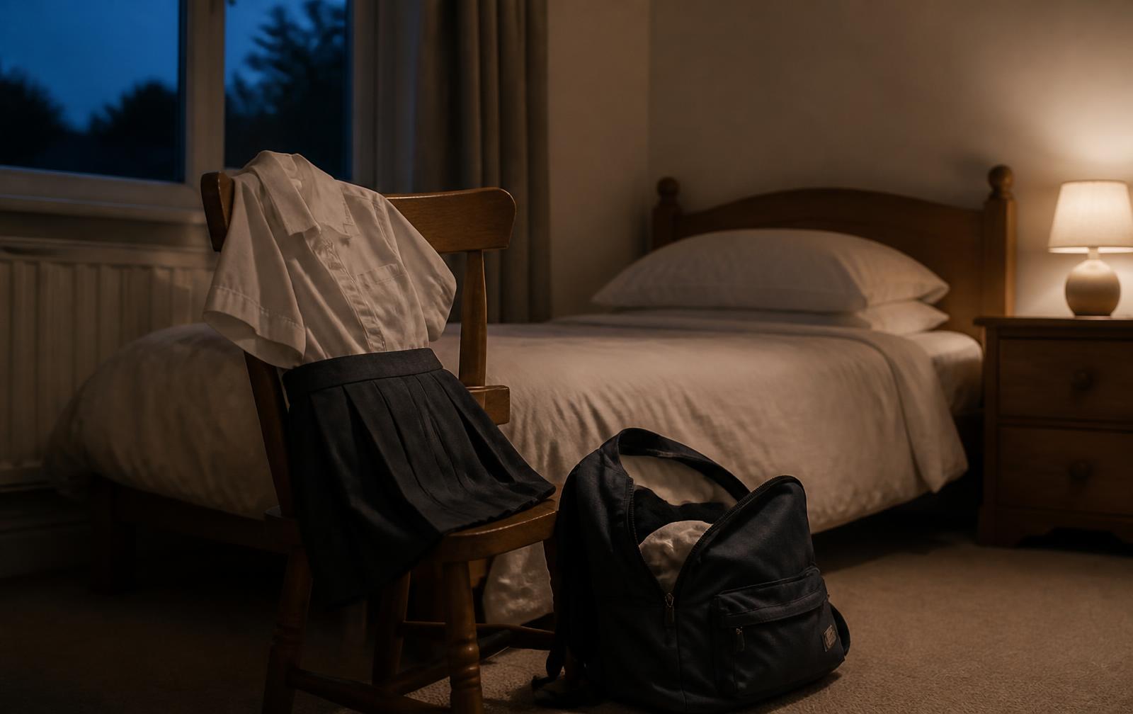 A school uniform laid over a wooden chair beside a half-packed backpack in a lamplit bedroom at dusk