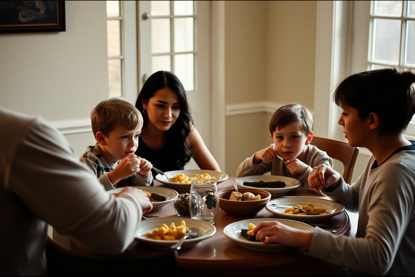 A simply set family table with plain plates and a small untouched portion