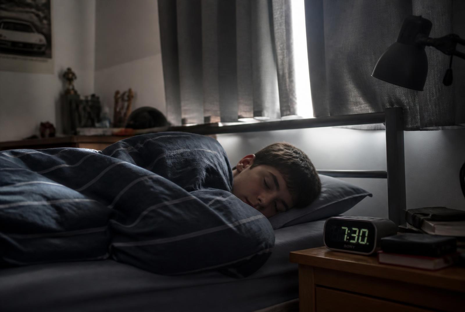 A sixteen-year-old boy asleep under a duvet in a dim bedroom with daylight edging around closed curtains, alarm clock on the bedside table