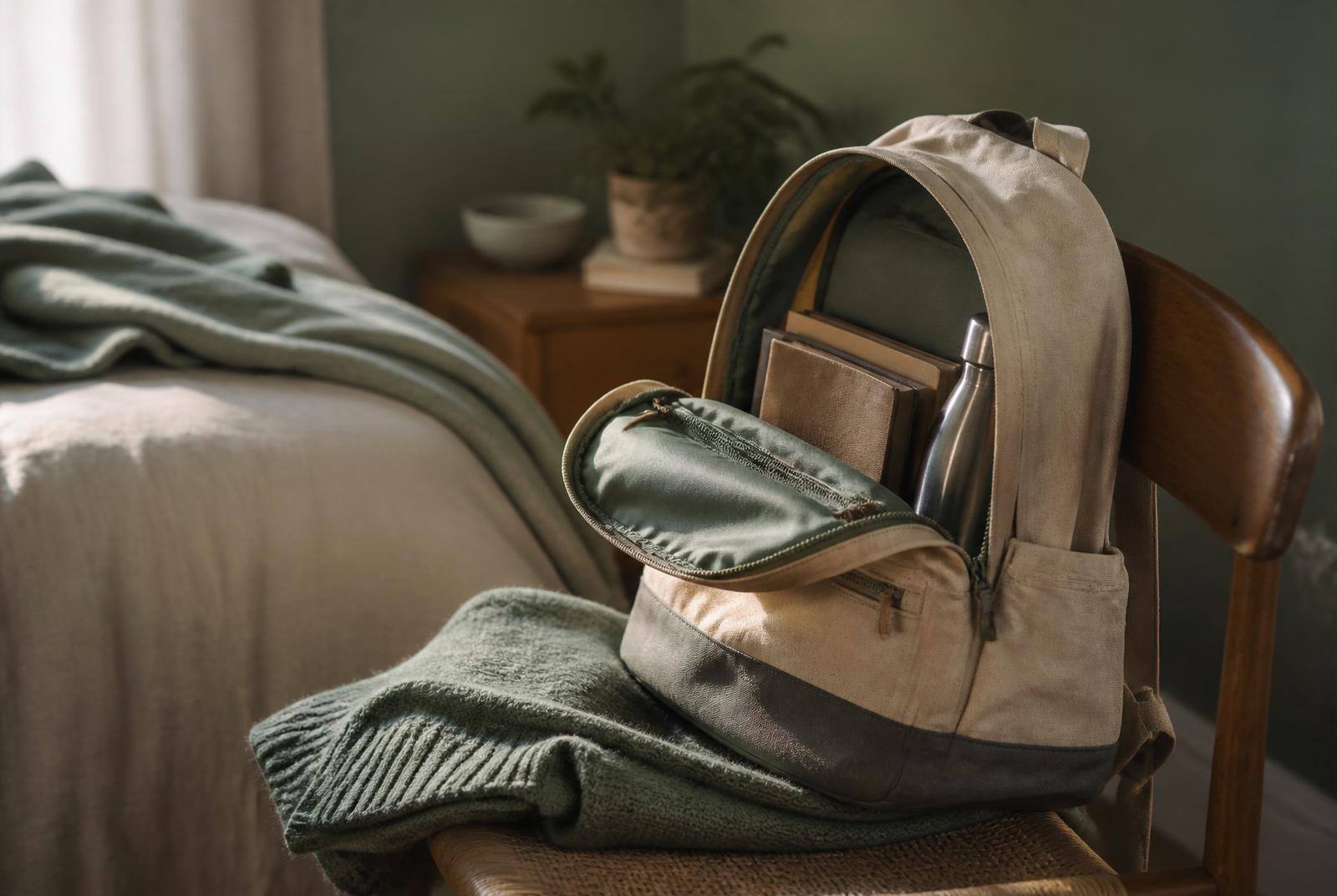 An open canvas backpack resting on a wooden chair in a quiet bedroom