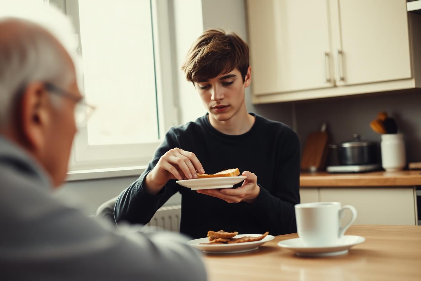 A sixteen-year-old teenager placing a plate of toast on the kitchen table beside a seated parent, calm and attentive in soft morning light