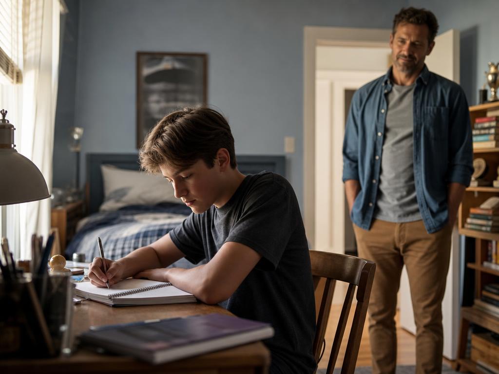 Documentary photograph: a teenager writing at a wooden desk in soft window light while a parent stands nearby in a calm, supportive presence
