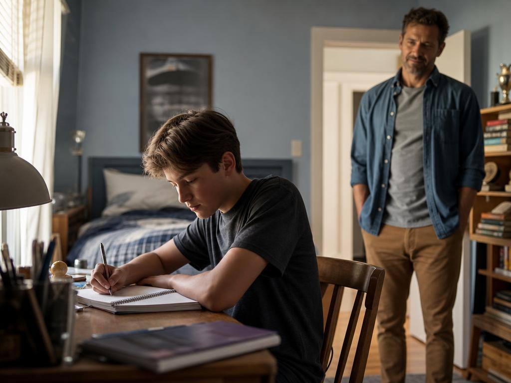 Documentary photograph: a teenager writing at a wooden desk in soft window light while a parent stands nearby in a calm, supportive presence