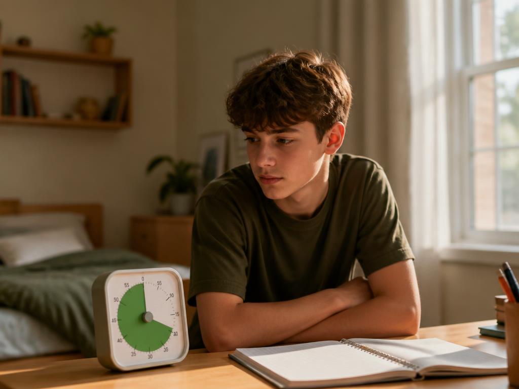 A fourteen-year-old boy sitting at a wooden desk, looking at a visual countdown timer with a green wedge, notebook open beside him, warm afternoon light