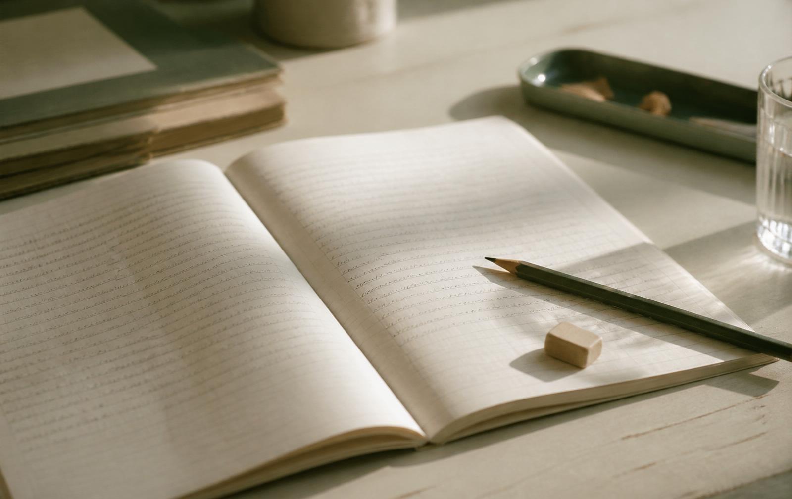 An open exercise book with careful handwriting and one line erased repeatedly