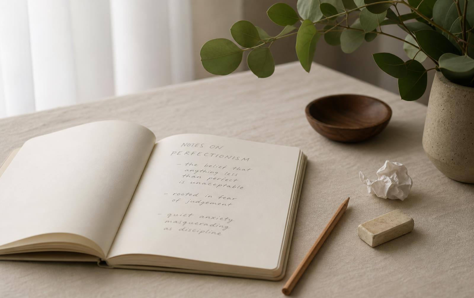An open notebook beside a worn eraser, pencil, and a small crumpled paper ball on a cream linen desk with eucalyptus