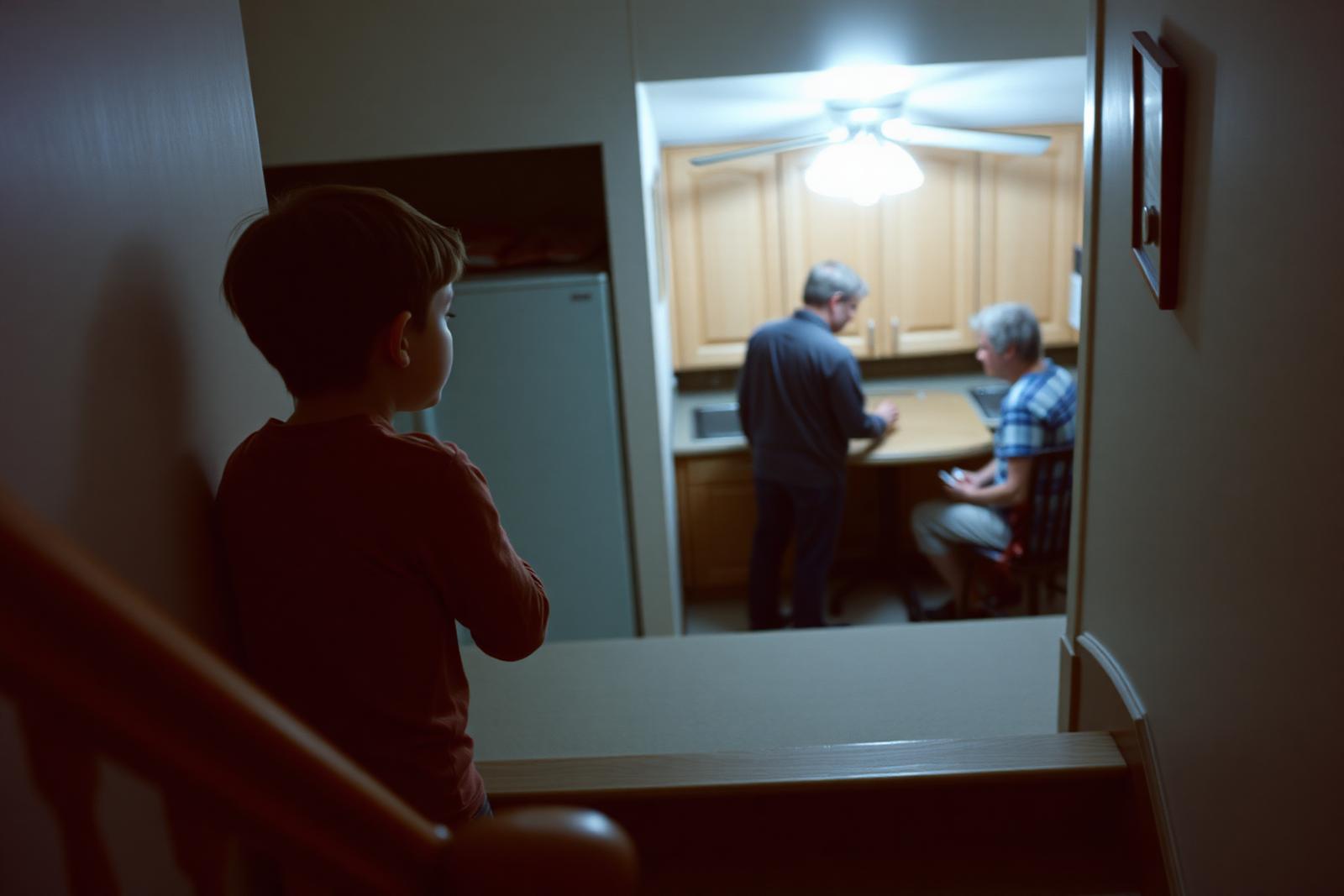 A ten-year-old girl doing homework at the kitchen table while her parents talk quietly with paperwork in the background, evening light