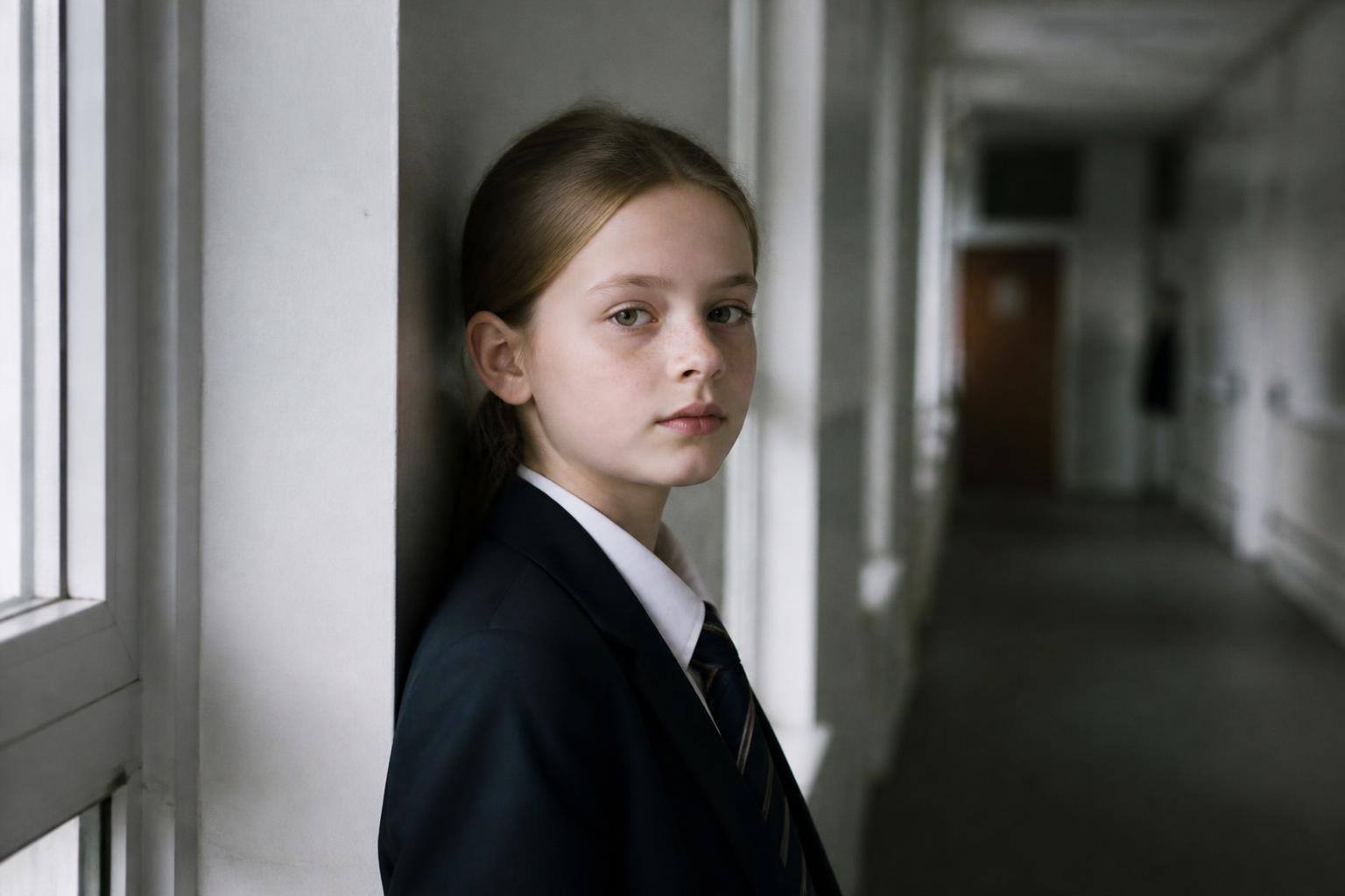 A twelve-year-old girl in school uniform standing composed by a window, a faint distance in her expression