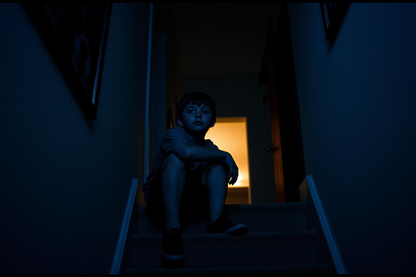 An eleven-year-old girl sitting on a staircase at night listening, warm light spilling from a doorway below