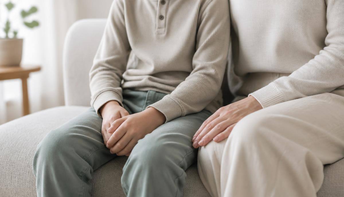 A school-aged child sitting calmly beside a parent on a linen sofa, hands relaxed, soft daylight