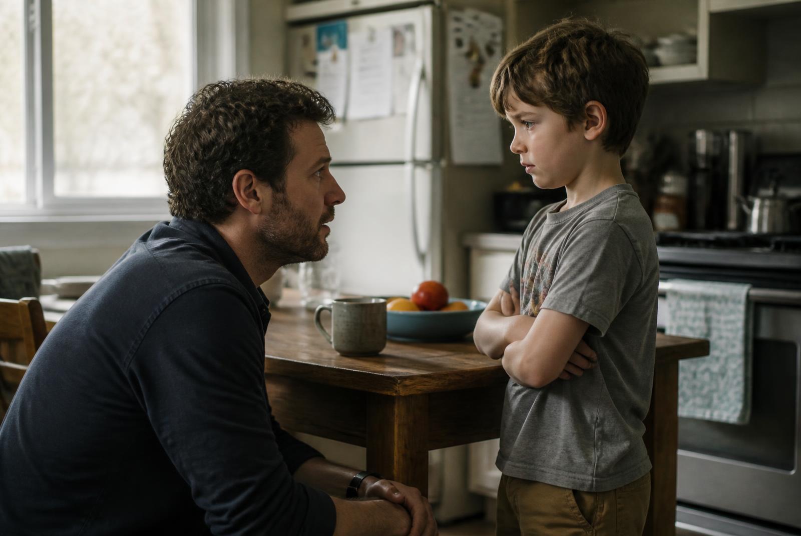 A nine-year-old boy standing with folded arms beside a kitchen table, a parent crouched at his eye level, calm morning light