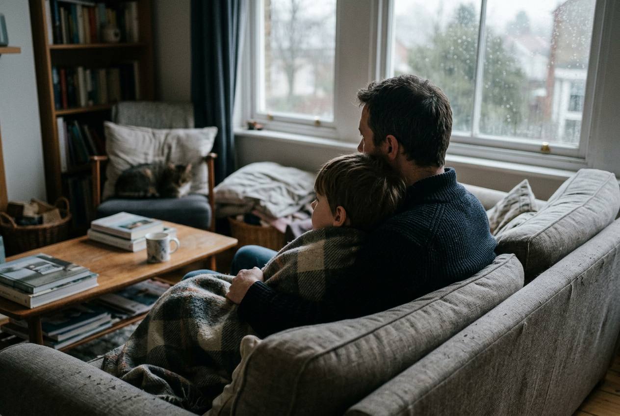 A parent sitting on a sofa with an arm around a quiet child wrapped in a blanket, both looking towards a window