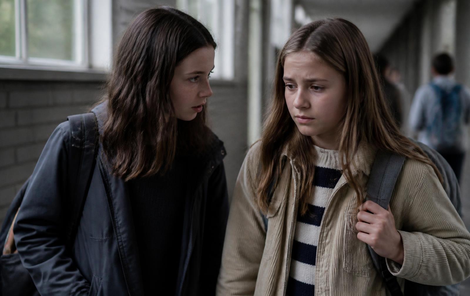 Two eleven-year-old girls in a school corridor, one turned away with a guarded expression