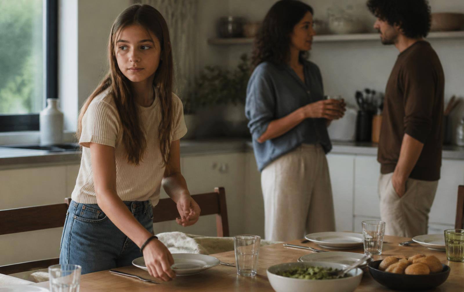 A twelve-year-old girl at a kitchen island beside a parent and a new partner, all mid-conversation