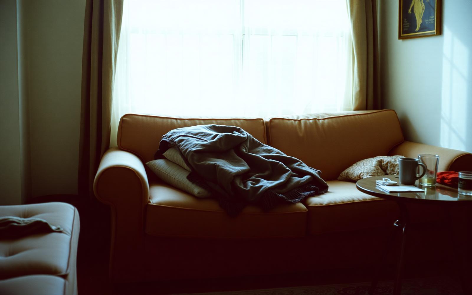A blanket and cushion left on a sofa beside a mug and a child's drawing on the rug in afternoon light