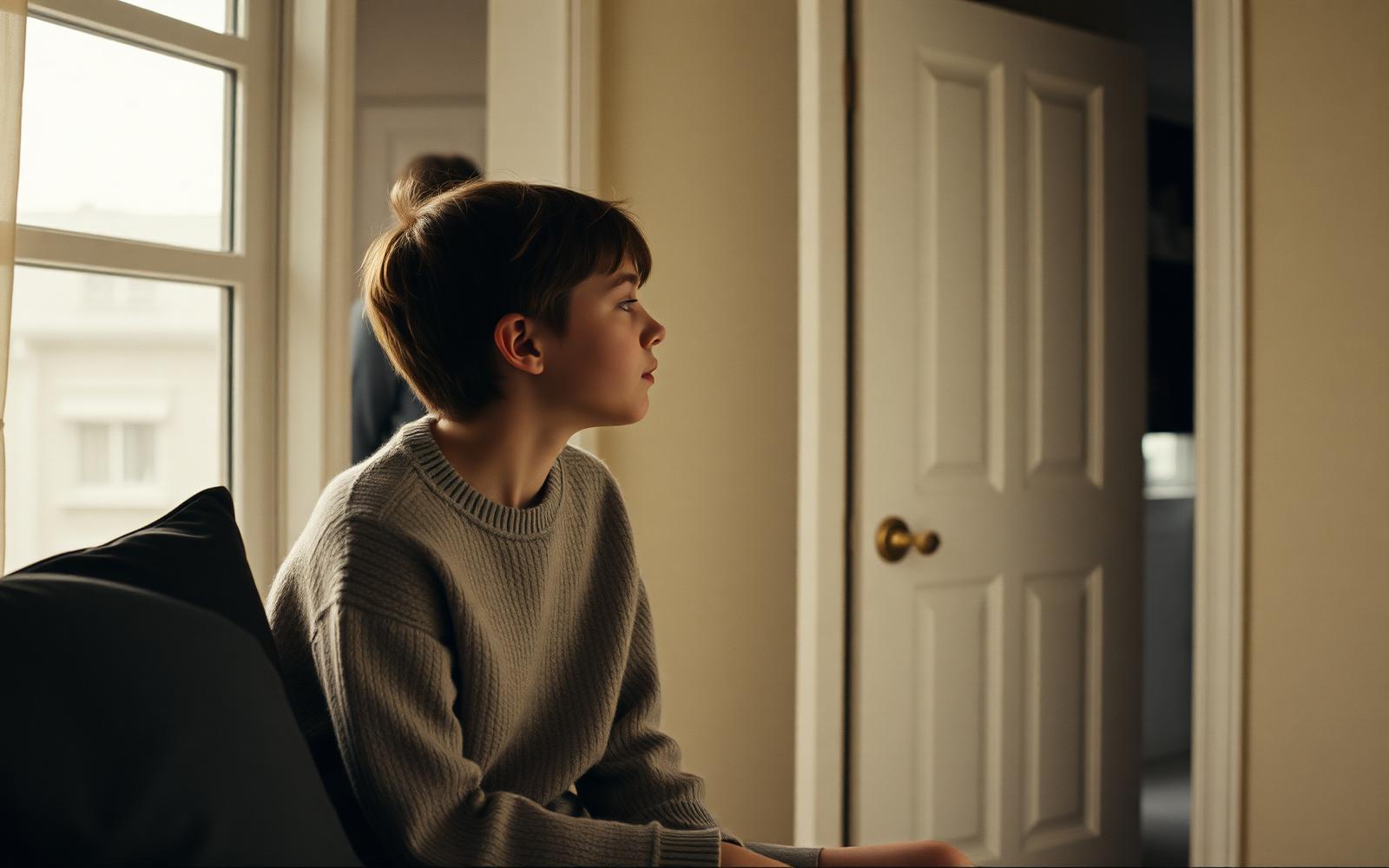 A teenager in a long-sleeved jumper sitting by a bedroom window in soft daylight, a parent standing quietly in the doorway