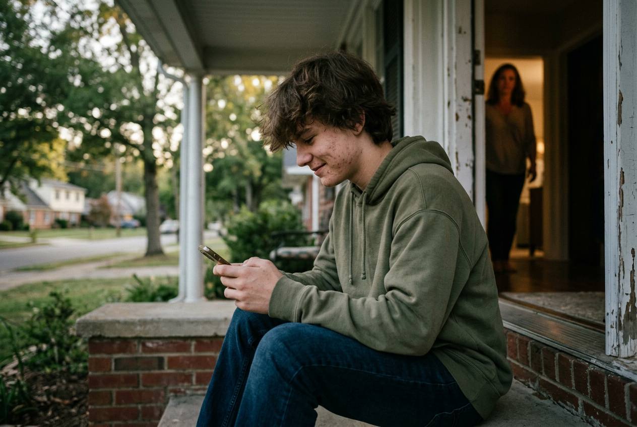 A teenager sitting on a front doorstep smiling at a phone message in early evening light, a parent visible inside