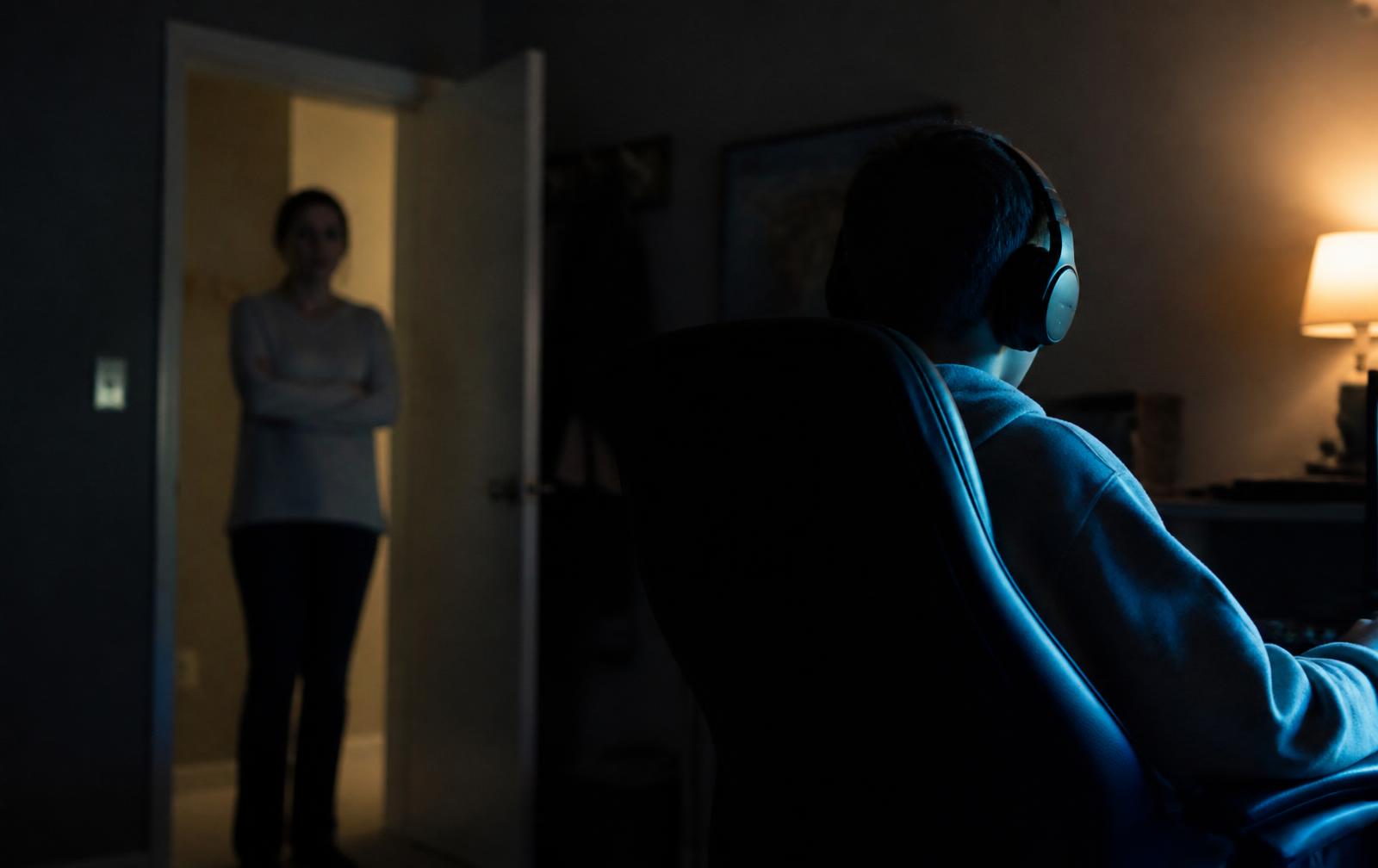 A thirteen-year-old boy in headphones at a computer in a dim bedroom with a parent standing in the doorway