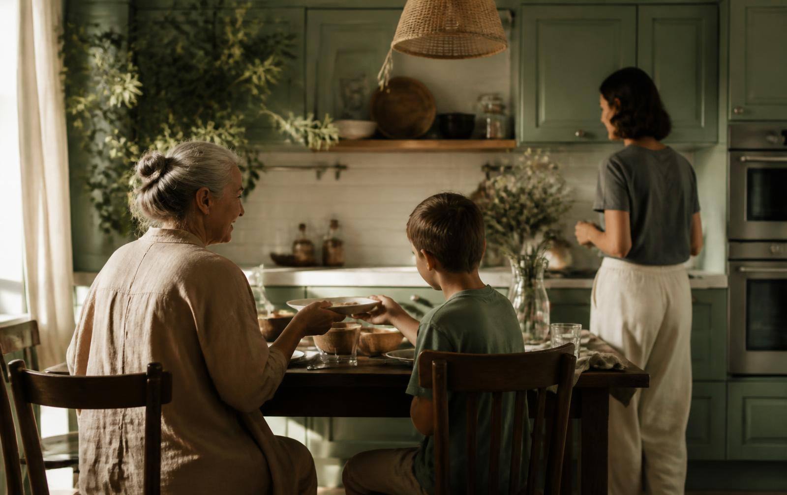A grandmother passing a bowl to a school-age child at a kitchen table while a parent stands nearby