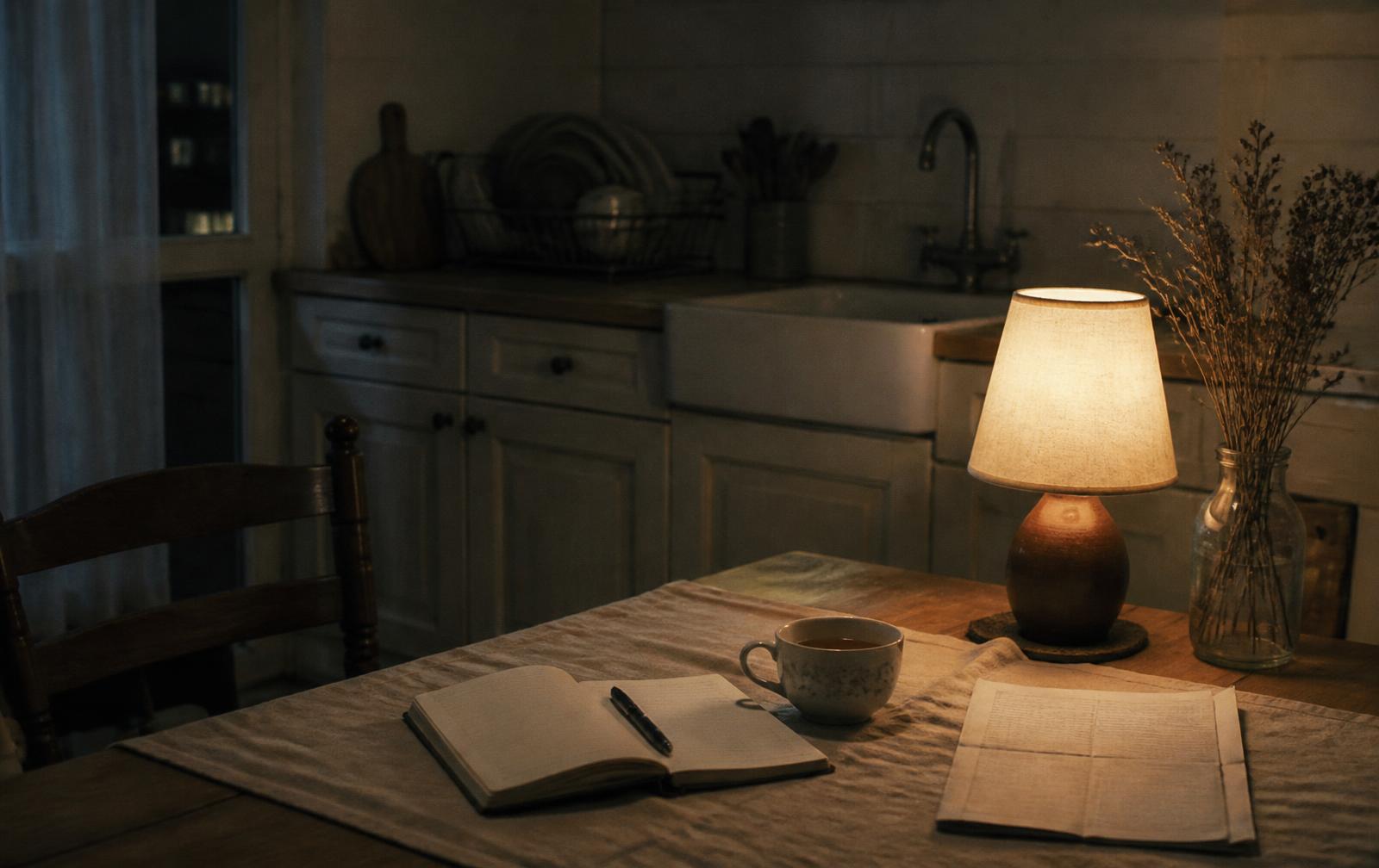 A parent and school-aged child sitting together at a kitchen table beside a household notebook and mugs of tea
