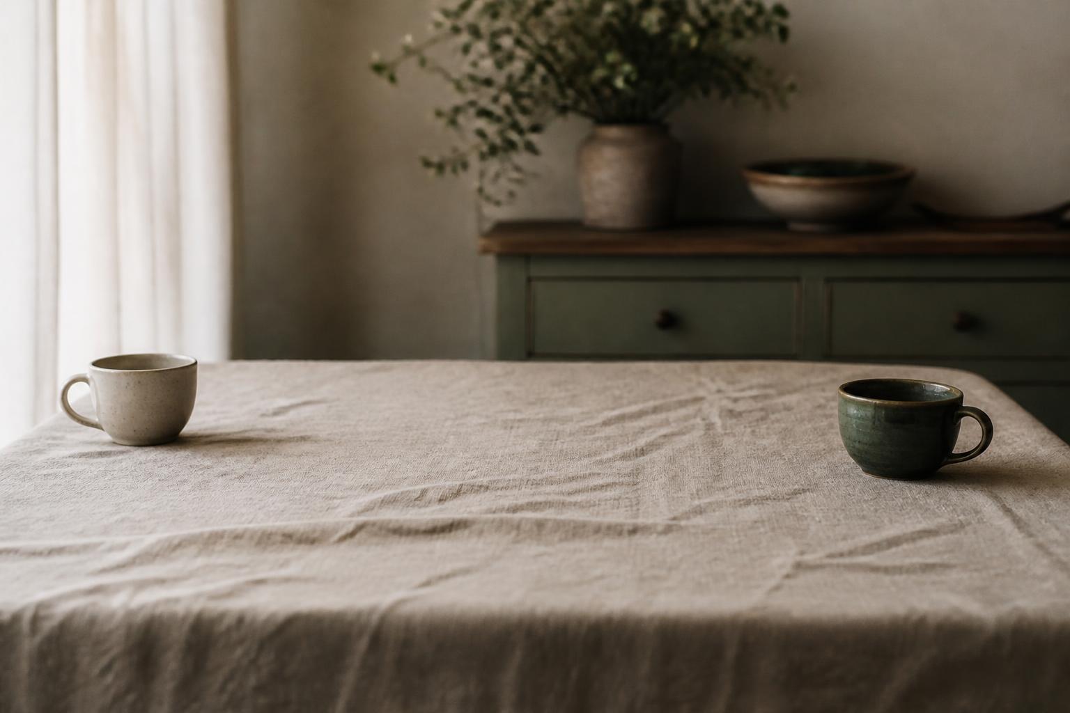 Two mugs on a kitchen counter at dusk, one slightly apart from the other