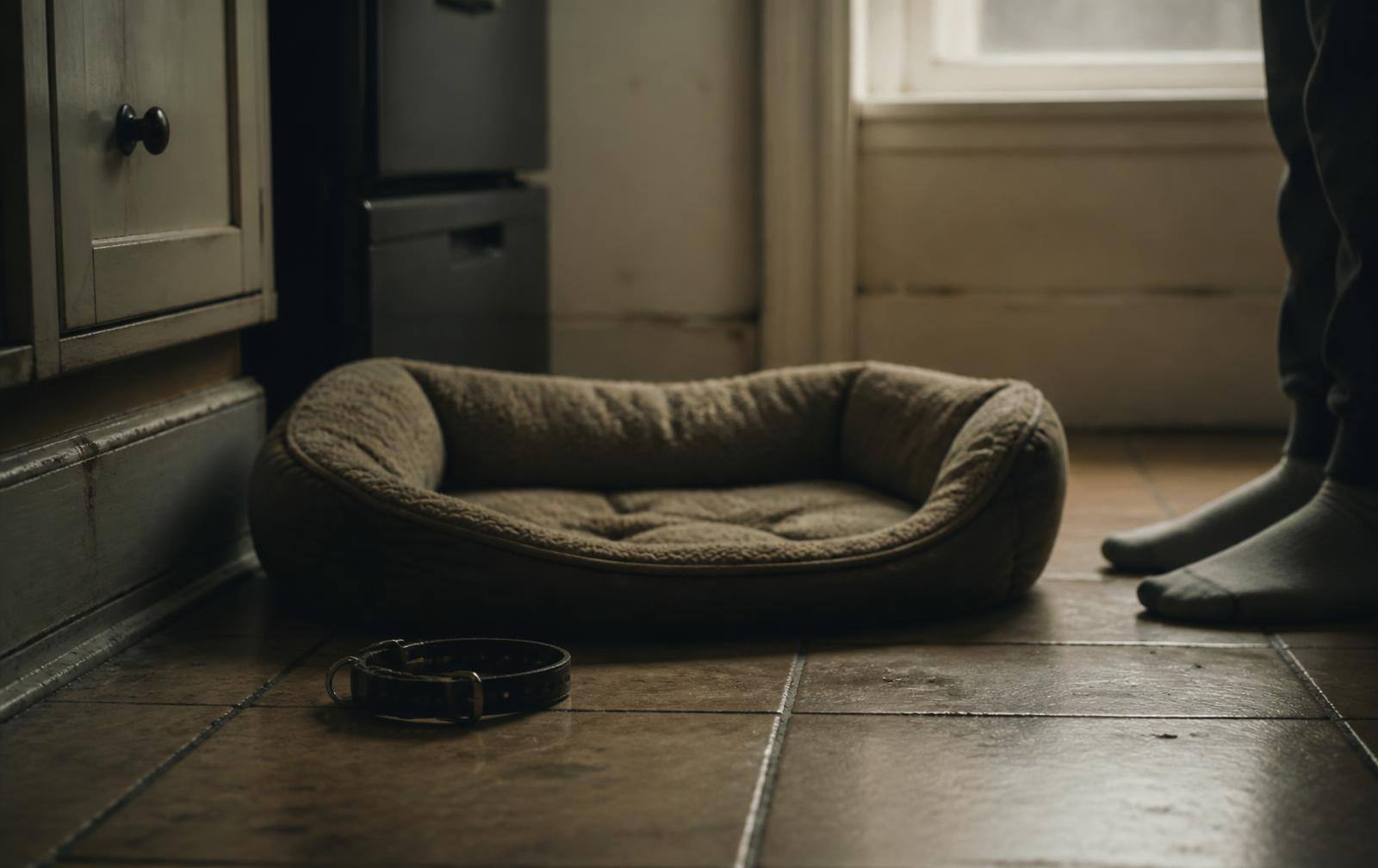 An empty dog bed and a worn collar on a kitchen floor with a child standing at the edge of the frame