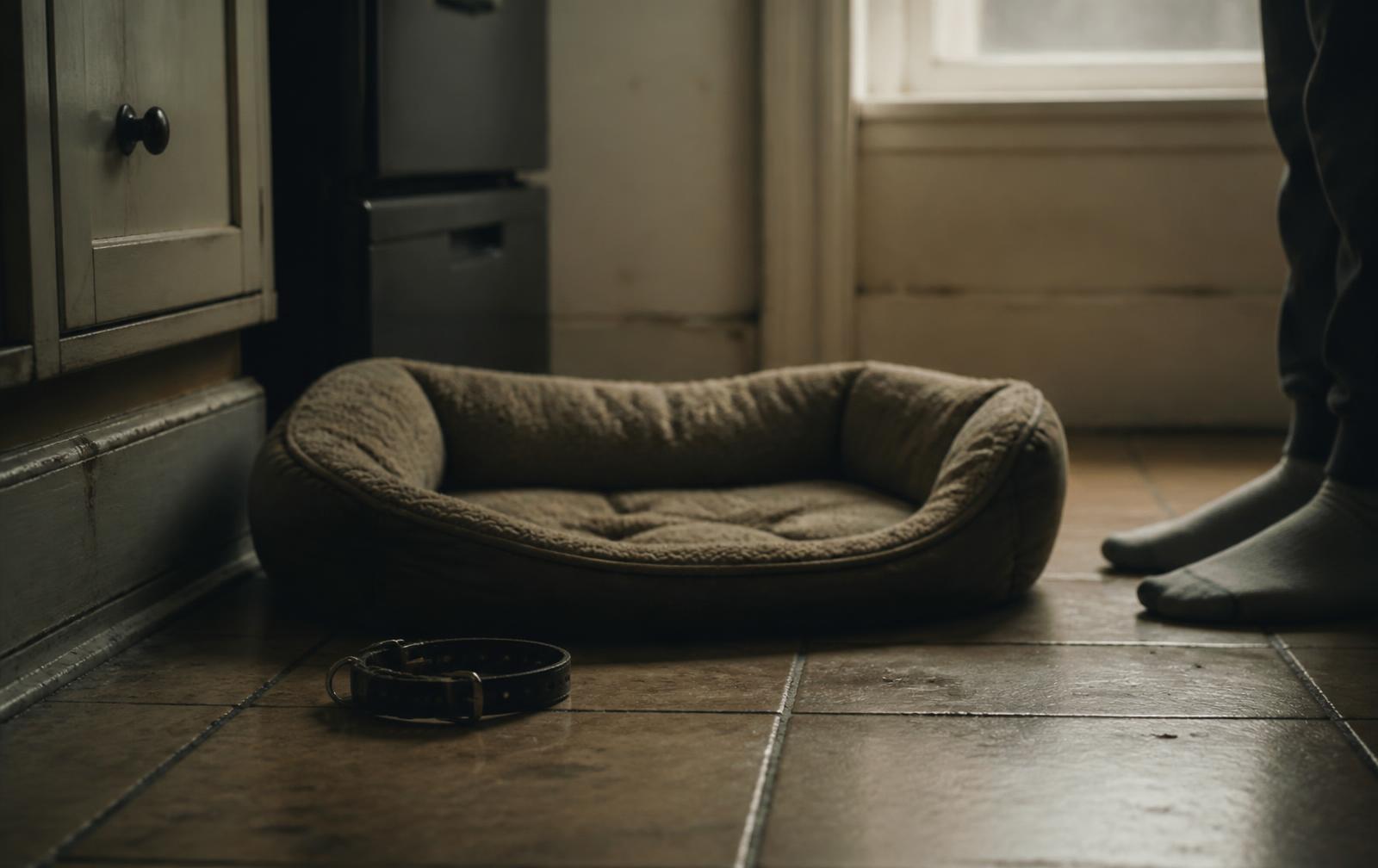 An empty dog bed and a worn collar on a kitchen floor with a child standing at the edge of the frame